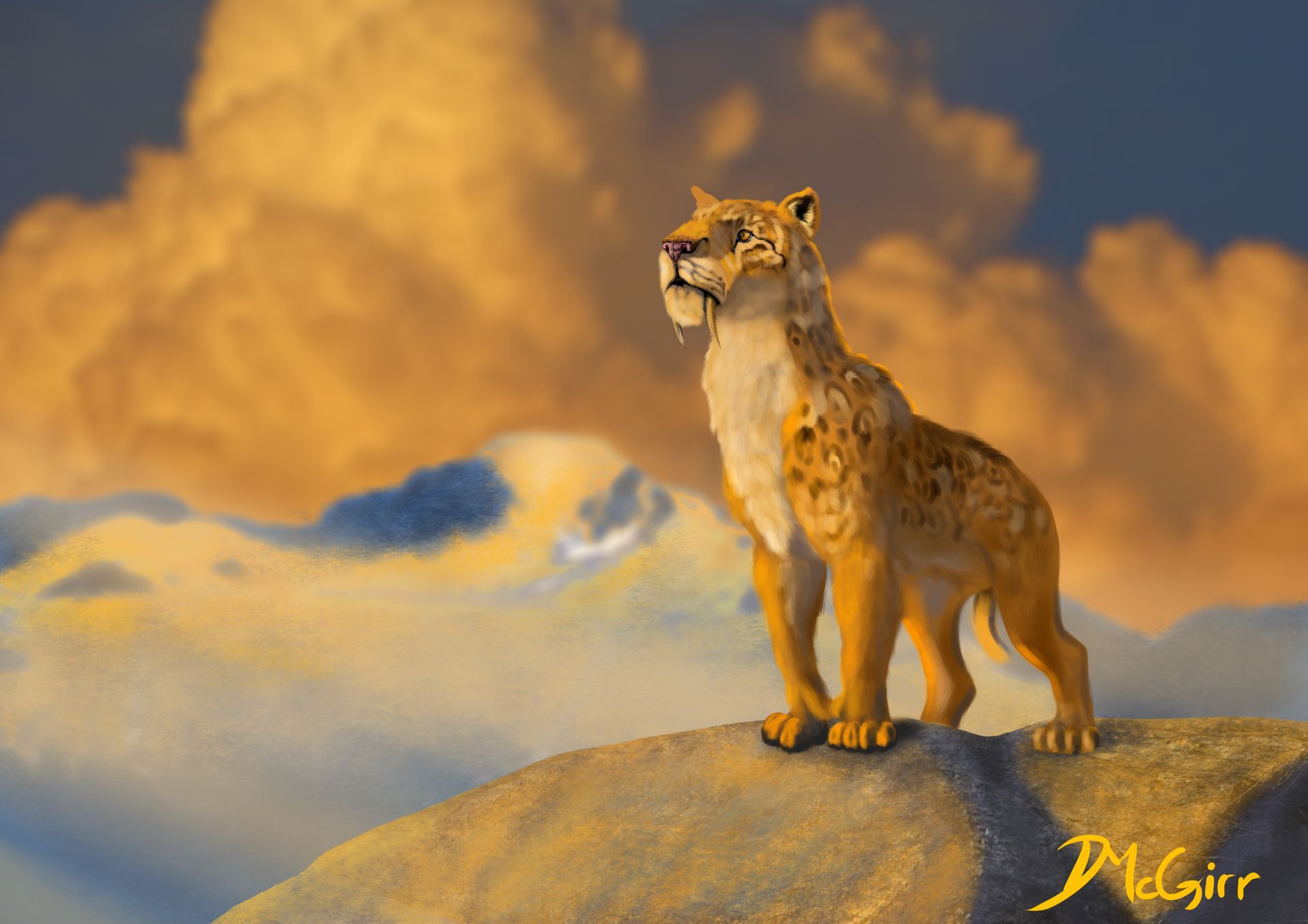 A painting of a smilodon standing on top of a rock.