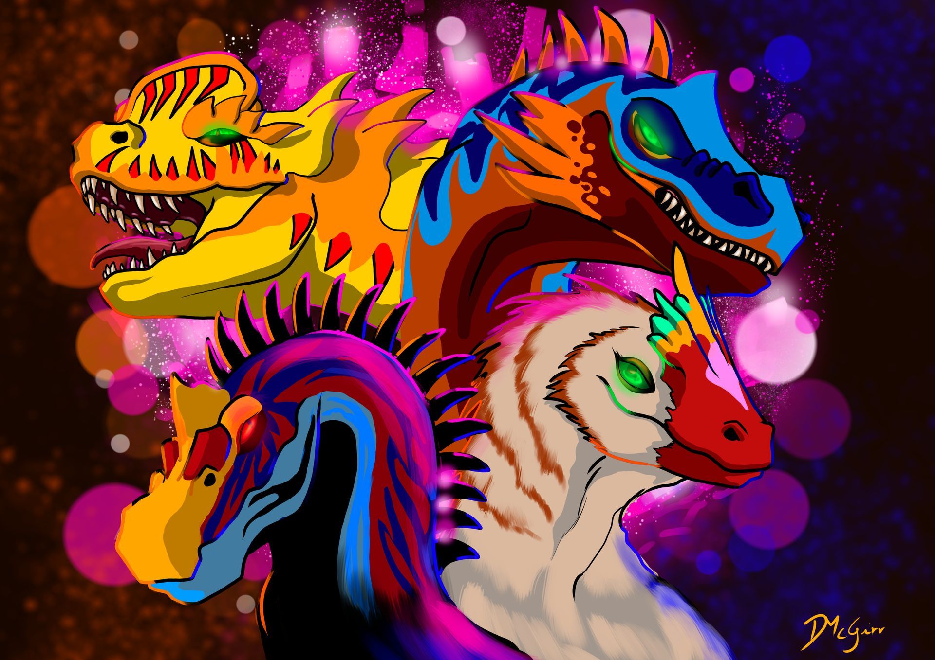 A colorful drawing of a group of dinosaurs