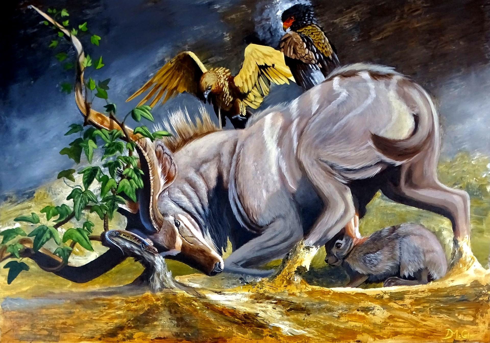A painting of a kudu stuck in ivy, bateleur eagles resting on its back, a hare resting beneath its belly and a skink 