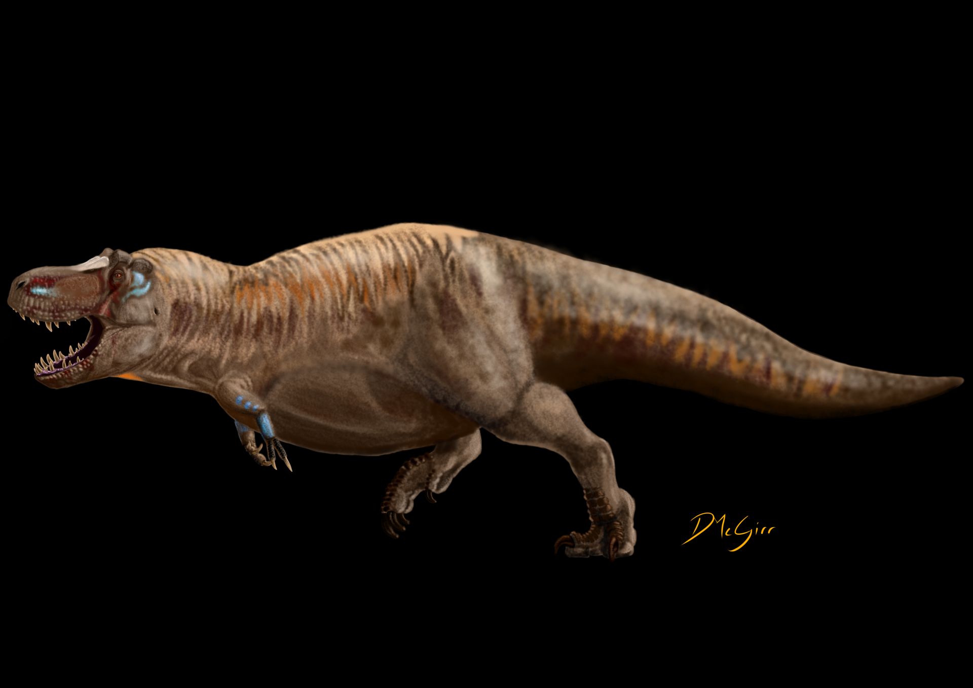 A painting of a t-rex dinosaur with its mouth open on a black background.