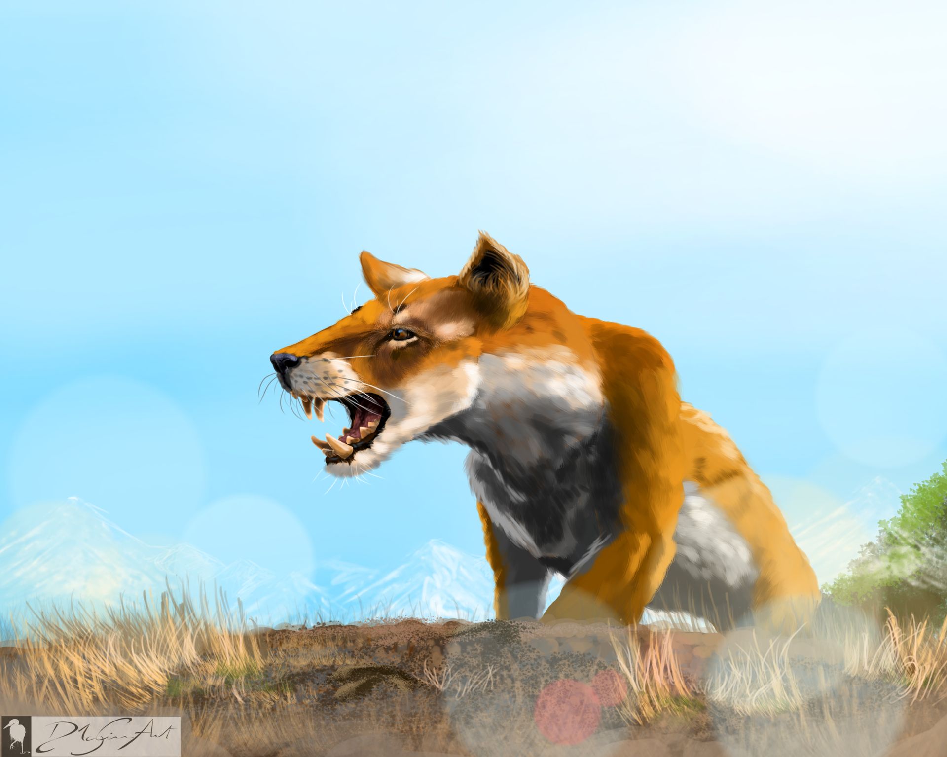 A painting of a Hyaenodon with its mouth open.