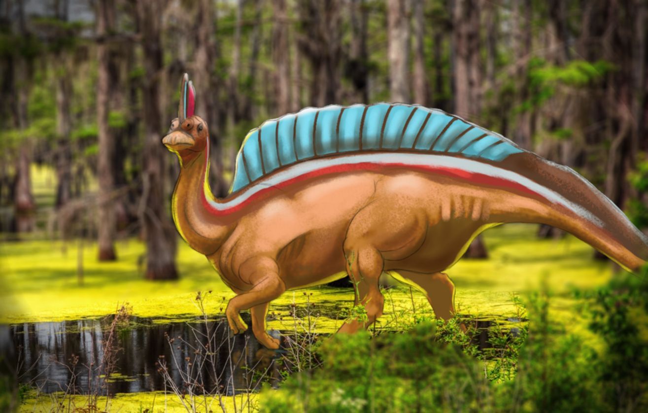 A dinosaur is walking through a swamp with trees in the background.