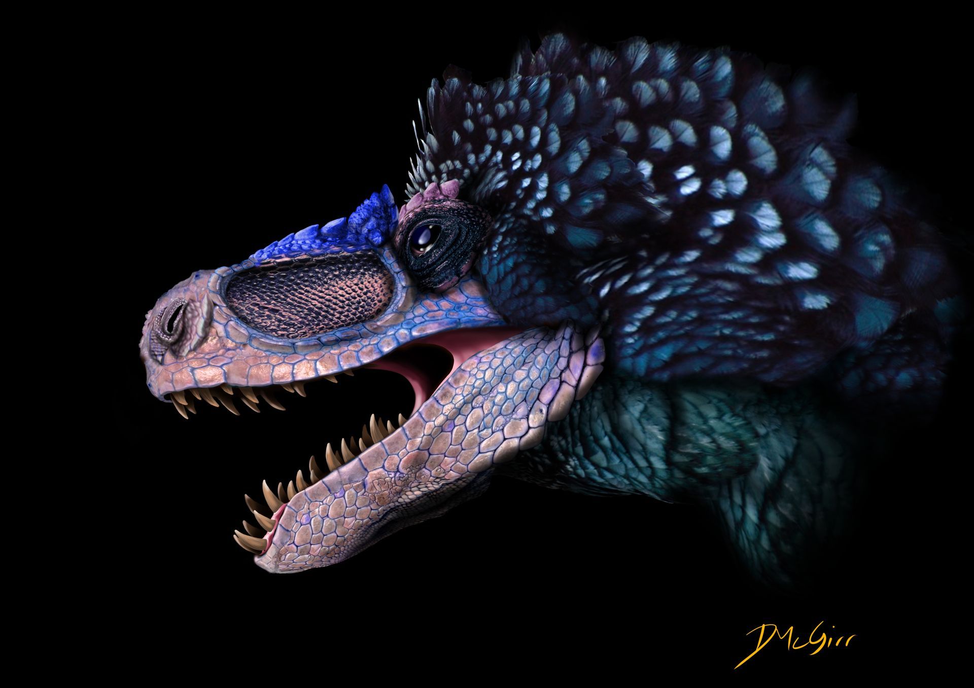 A close up of a dinosaur 's head with its mouth open on a black background.