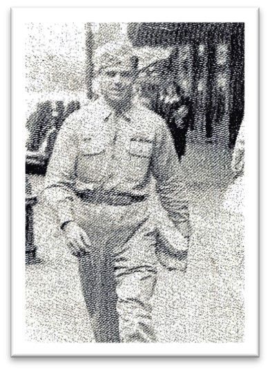 A black and white photo of a man in a military uniform walking down a street.