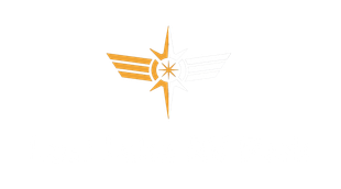 A logo with wings and a star on a white background.