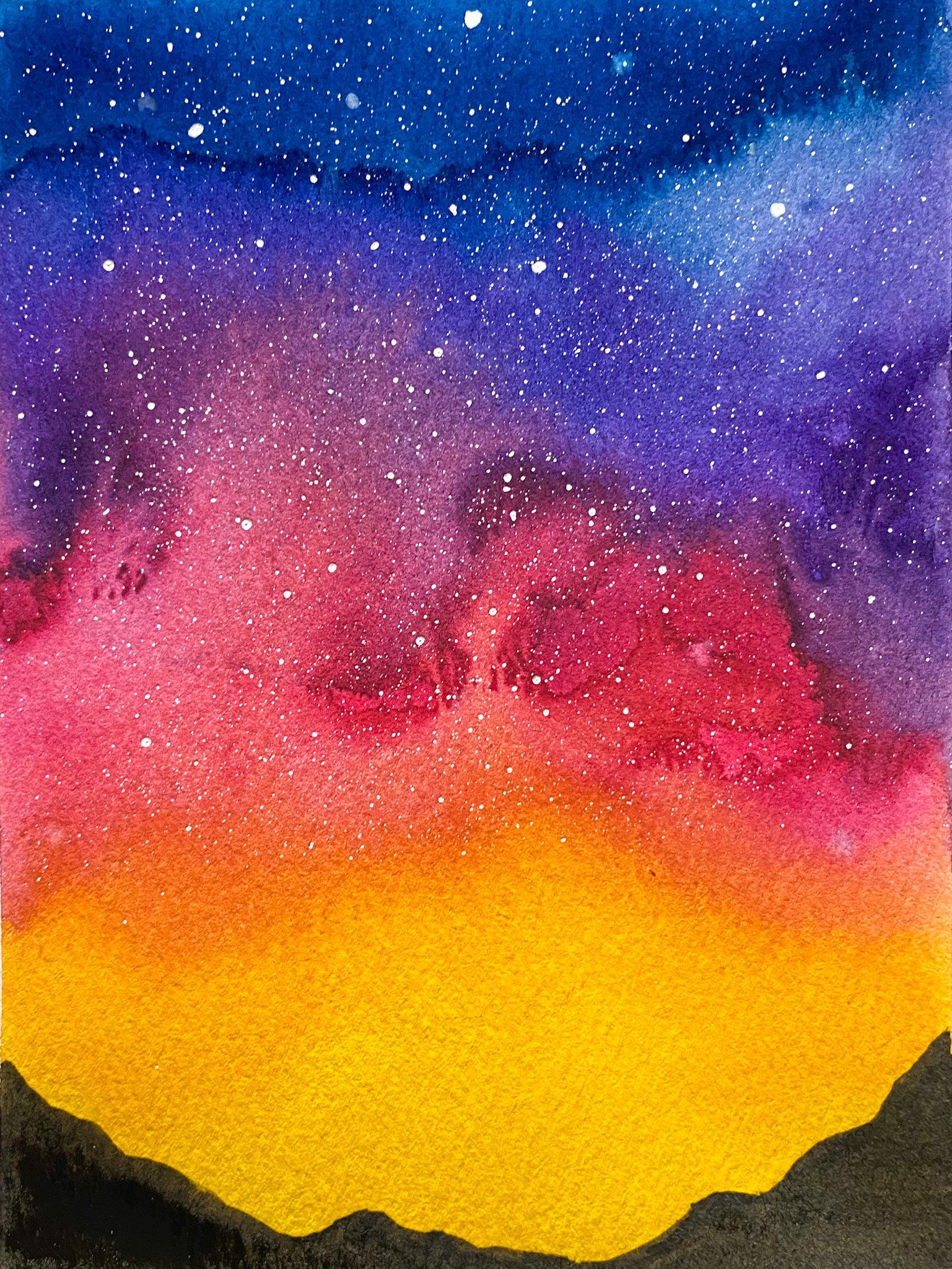 Fiery sunset behind mountains watercolor painting