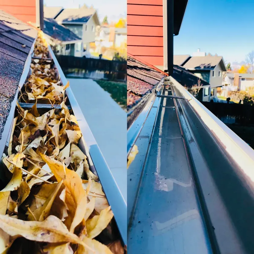 gutter before dirty with leaves, gutter empty and clean after