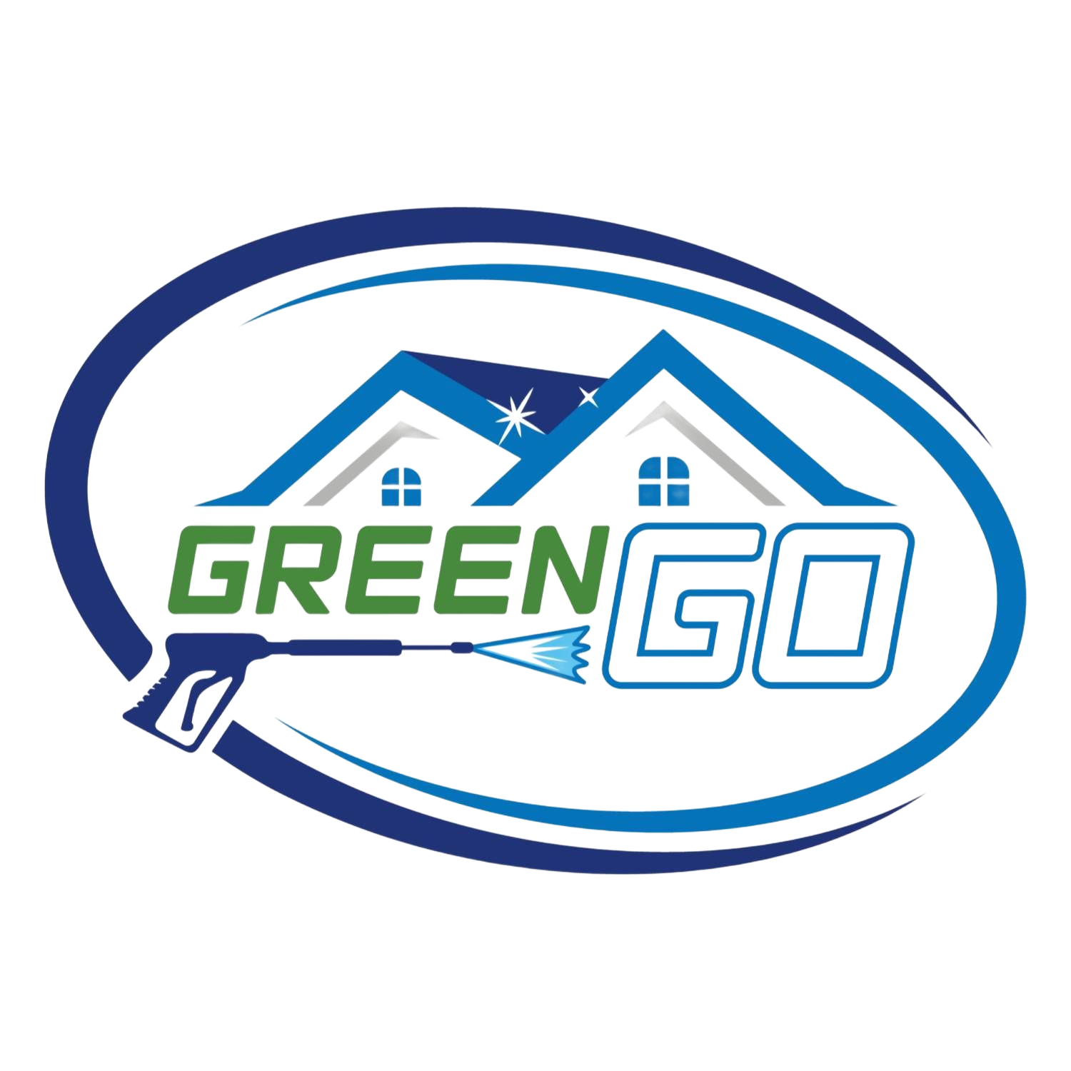 Logo: Green Go, house, and pressure washer with blue and green color scheme.