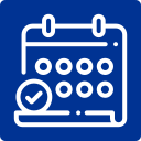 Calendar icon with checkmark, white on blue. Represents scheduled or confirmed event.