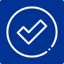 White checkmark inside a white circle, on a blue background.