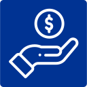 Hand holding a coin with a dollar sign on a blue background.