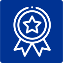 White award ribbon with a star on a blue background.