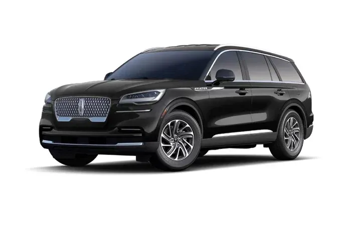Black Lincoln Aviator SUV parked on a white background.