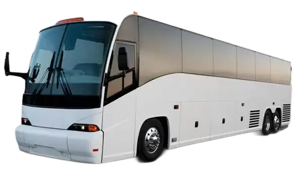 White passenger bus on a light gray background, viewed from the side.