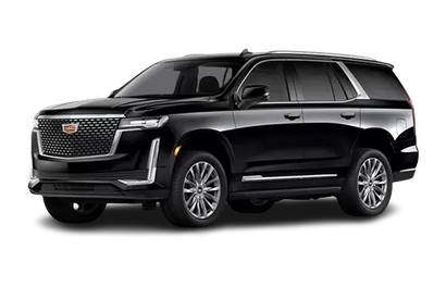 Black Cadillac Escalade SUV parked on a white background.