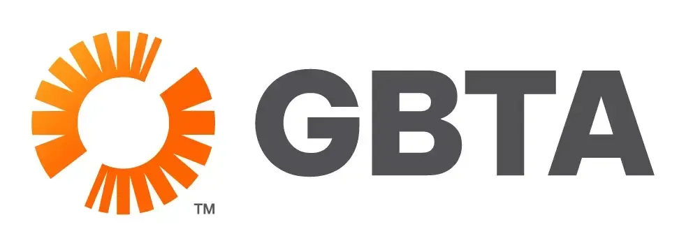 Logo of GBTA (Global Business Travel Association) with an orange circular graphic and grey text.