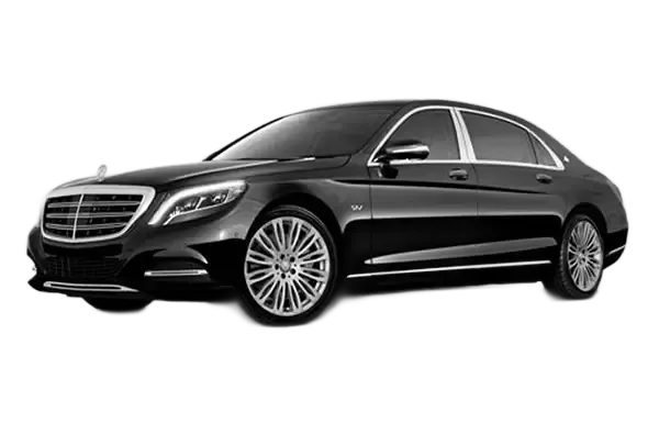 Black Mercedes-Maybach sedan, front view, on light grey background.