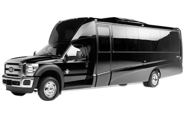 Black passenger bus with tinted windows; parked on a gray background.