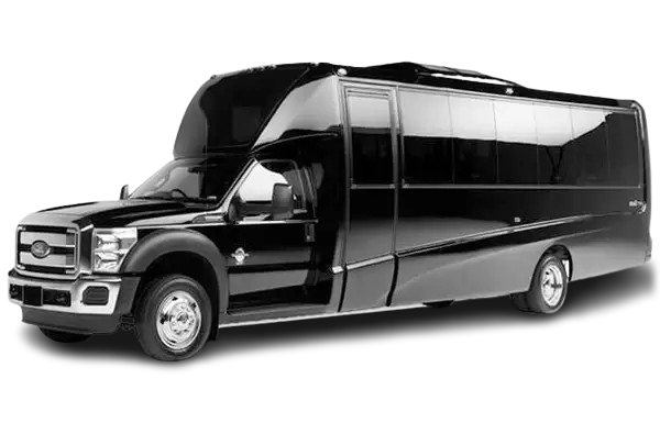 Black party bus with tinted windows.