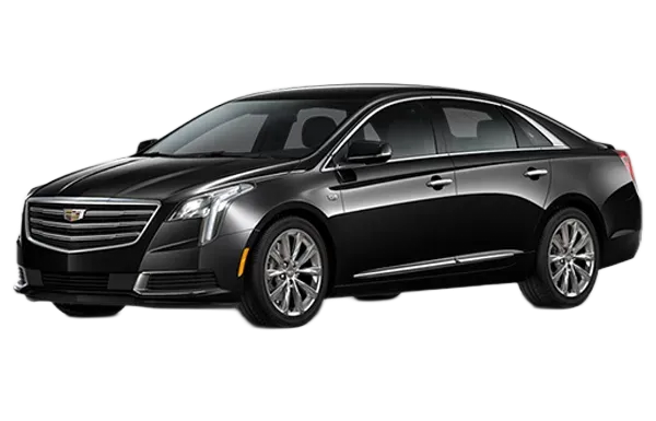 Black Cadillac sedan parked on a solid light gray background.