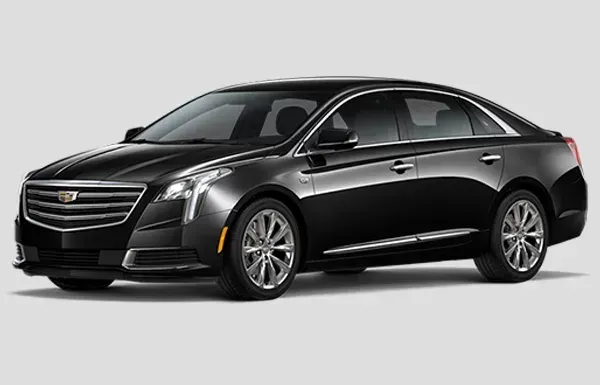 Black Cadillac sedan parked on a solid light gray background.