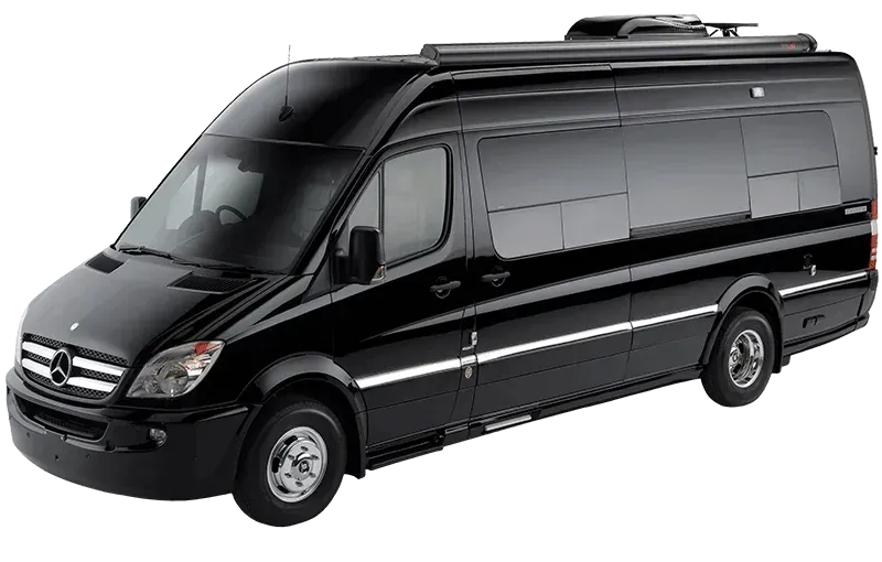 Black Mercedes-Benz Sprinter van, side view. Includes side awning, roof rack, and running boards.