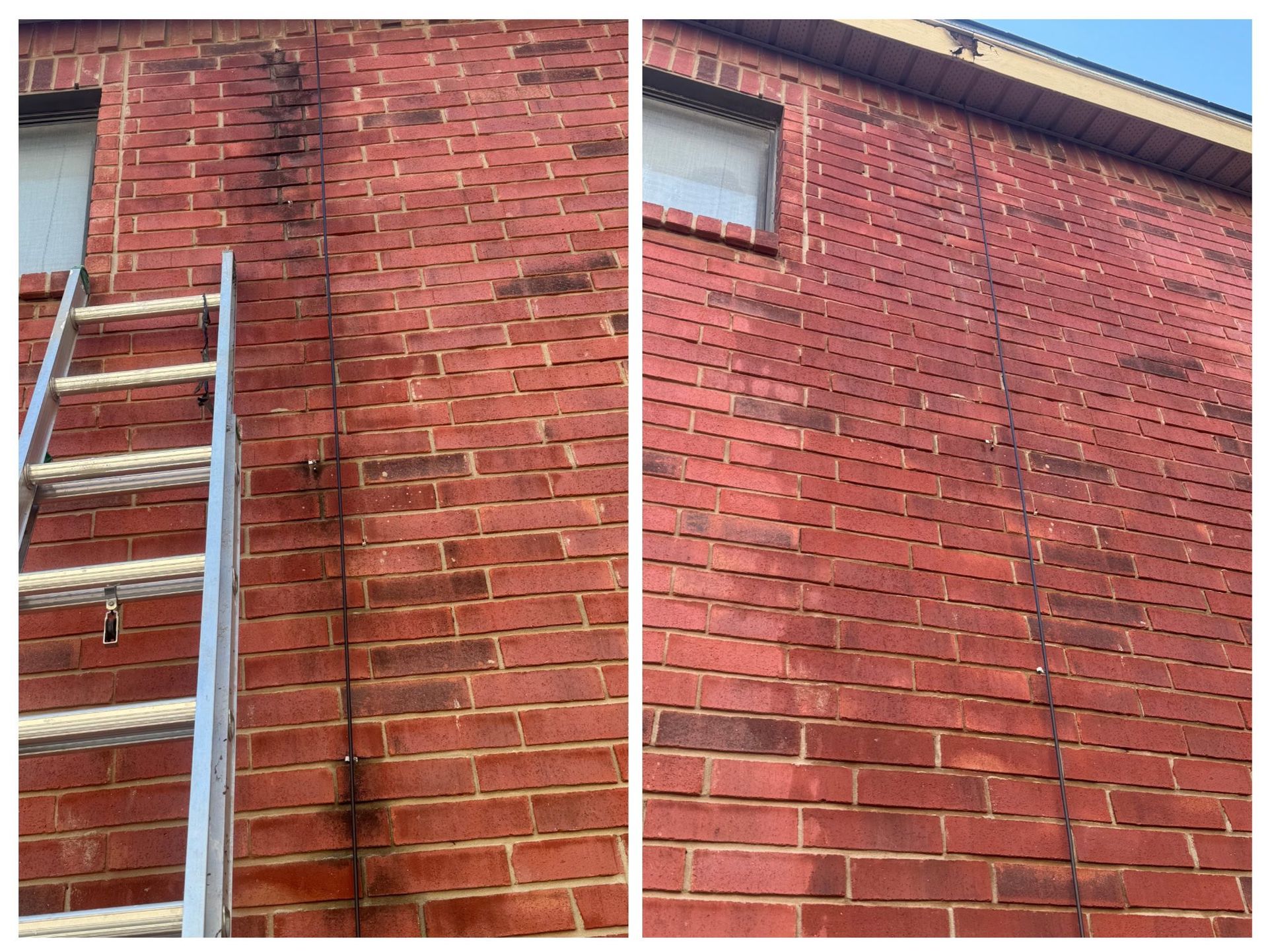 A side-by-side comparison of a red brick wall showing a vertical dark stain being cleaned by pressure washing.