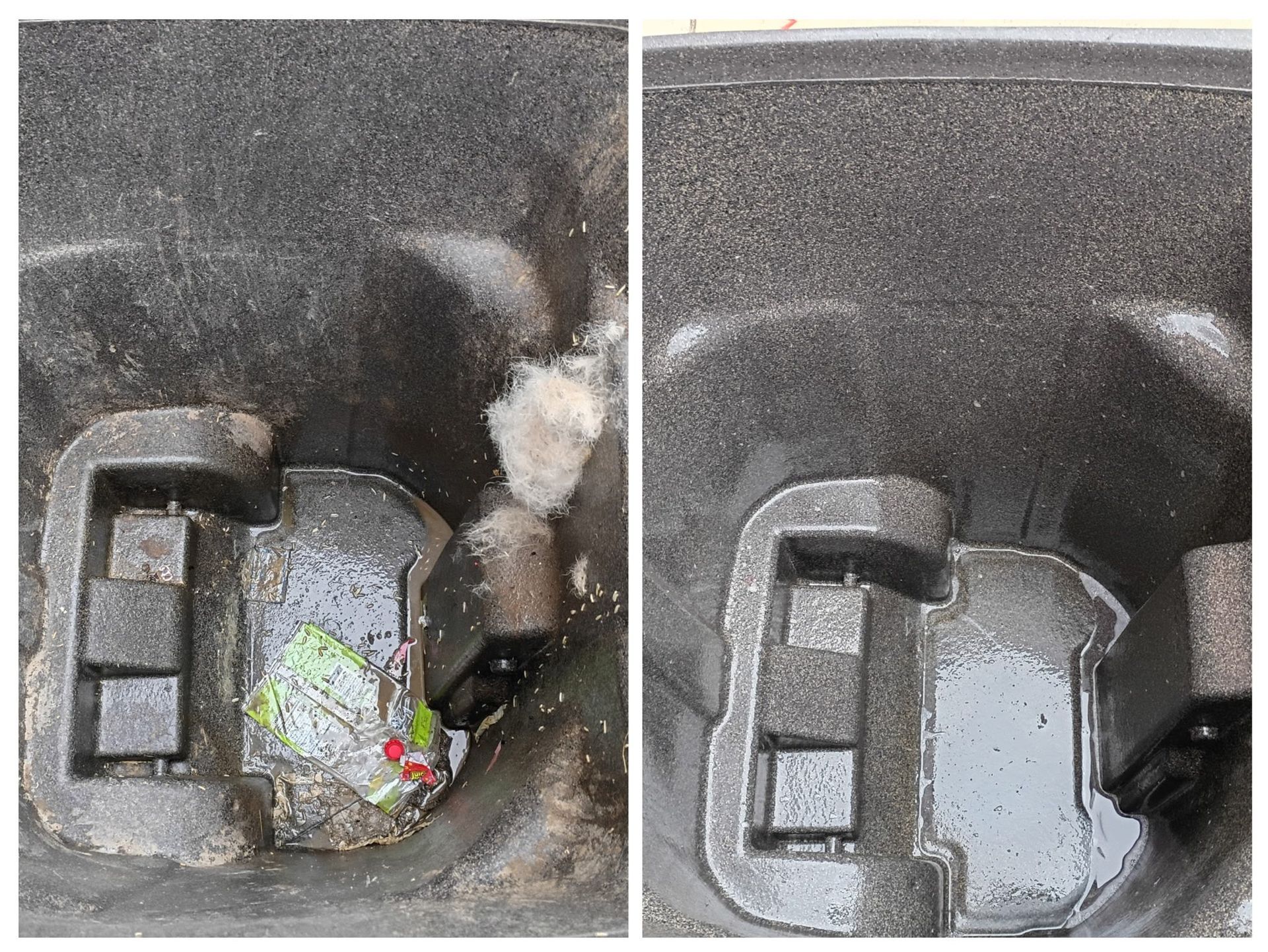 Before and after view of a dark, molded plastic bin bottom being cleaned of debris and standing water.