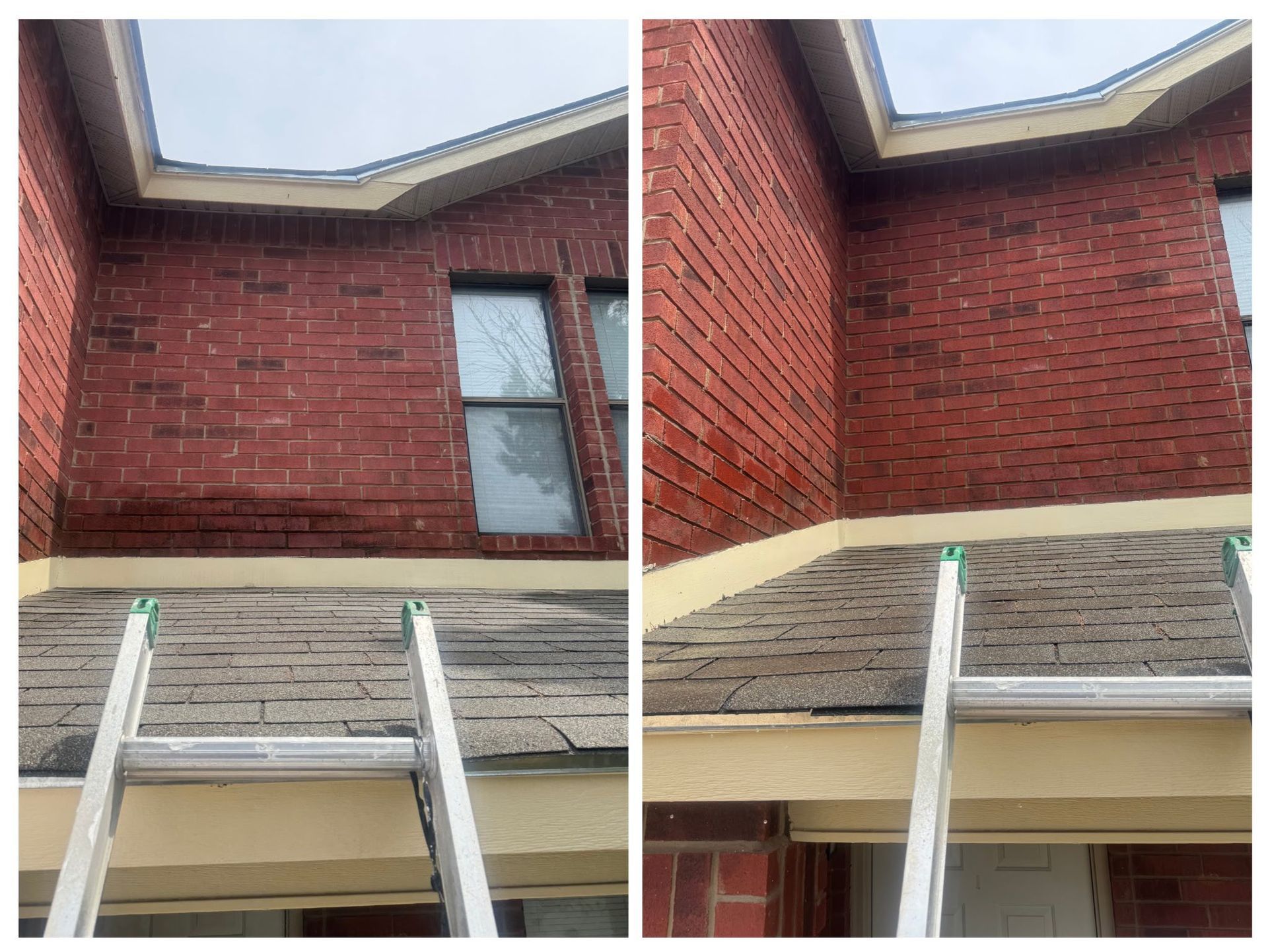 Before and after view of a red brick wall and shingled roof being cleaned from a ladder.