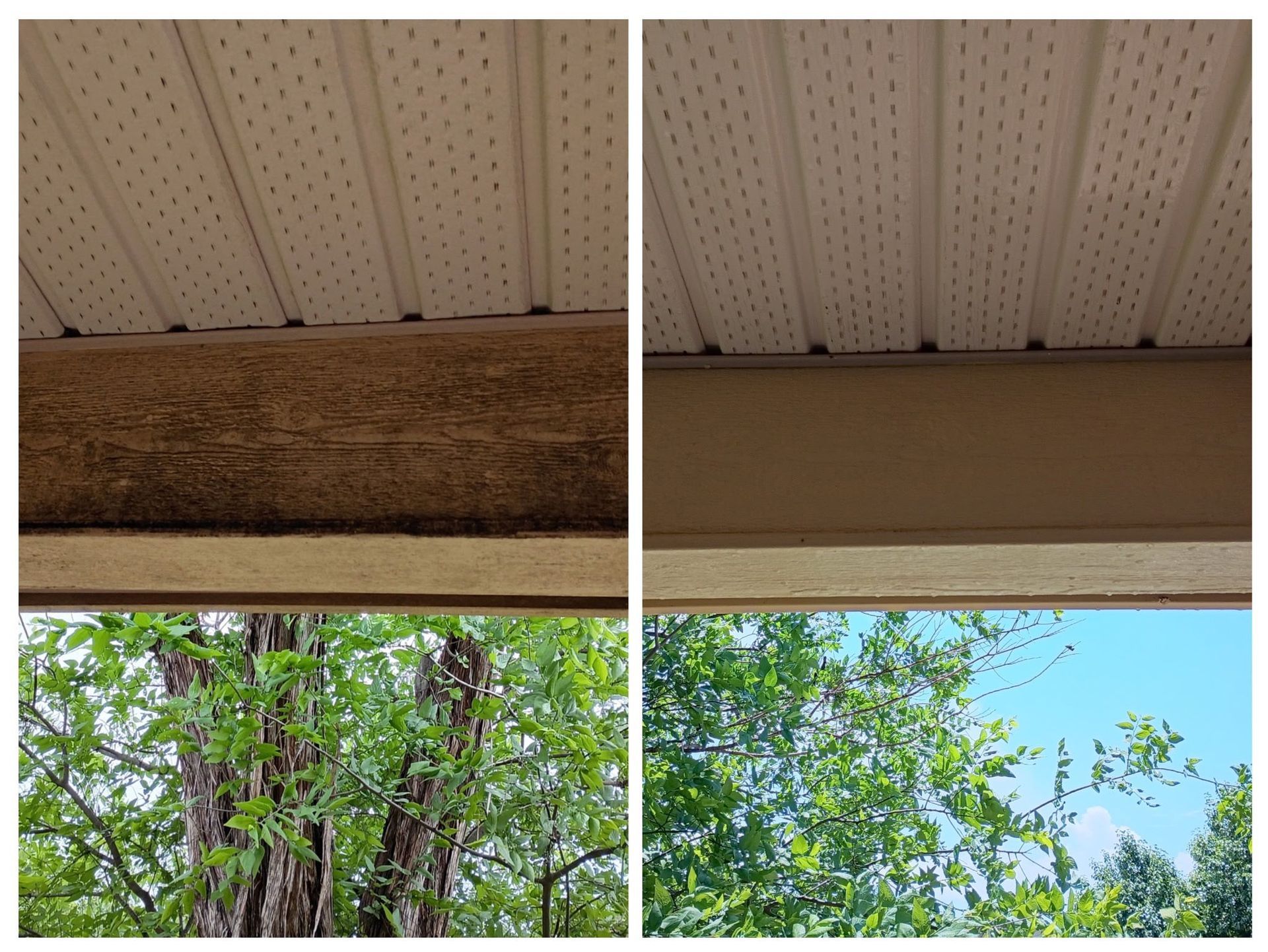 Before and after view of a wooden fascia board cleaned of debris, positioned below ventilated soffit panels.