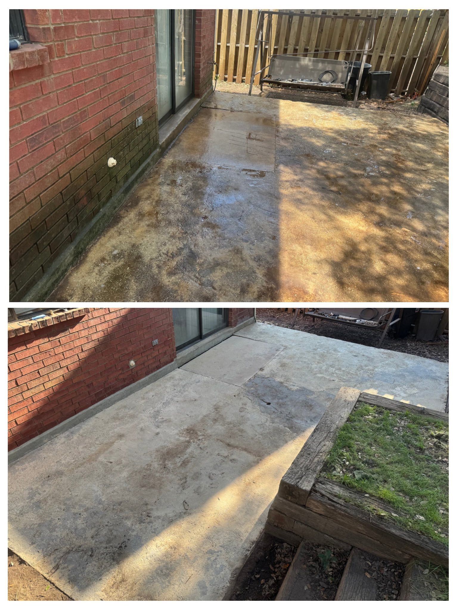 Before-and-after view of a brick house patio showing a dirty concrete surface cleaned to a brighter, lighter state.