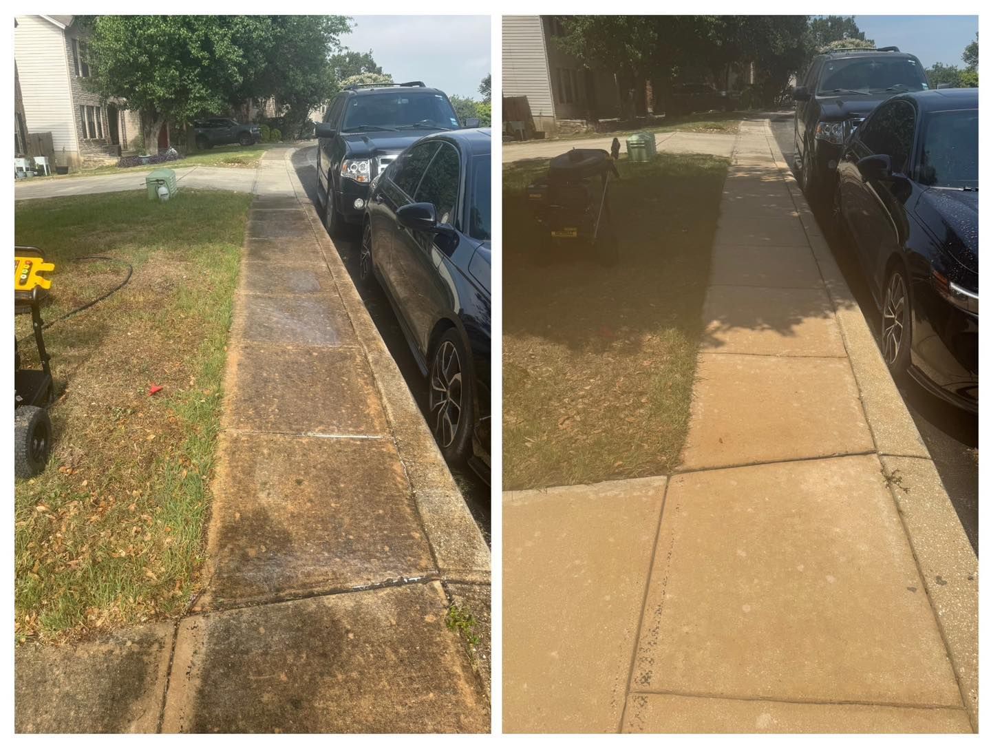 A split-screen comparison shows a dirty sidewalk before pressure washing on the left and clean concrete on the right.