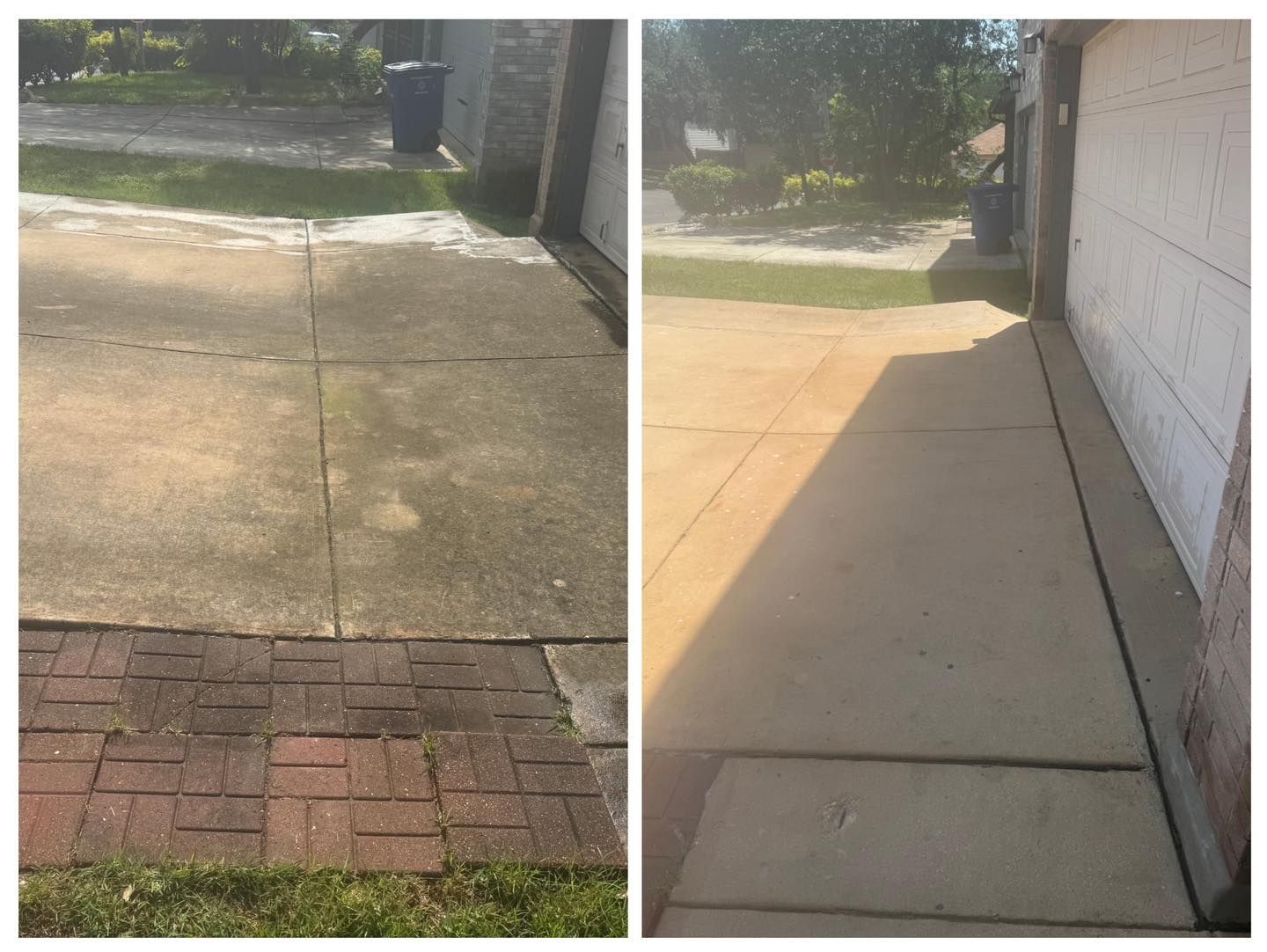 A split-screen comparison shows a dirty, stained concrete driveway and brick border before and after professional cleaning.