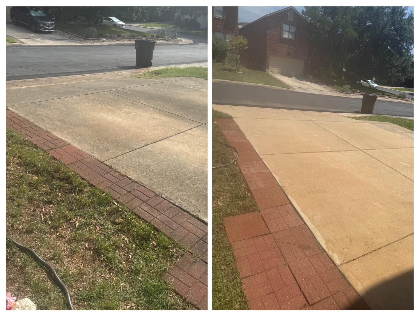 A side-by-side comparison of a concrete driveway before and after pressure washing, showing a cleaner, brighter surface.