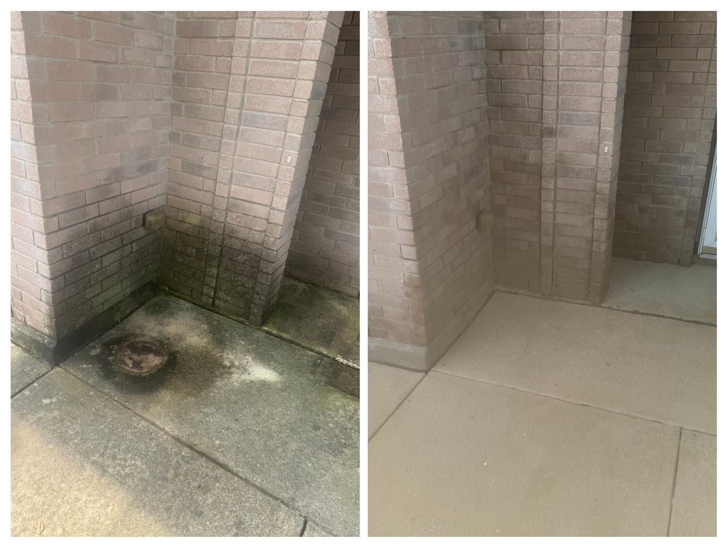 Split view showing a brick corner and concrete floor before and after a professional power wash cleaning.