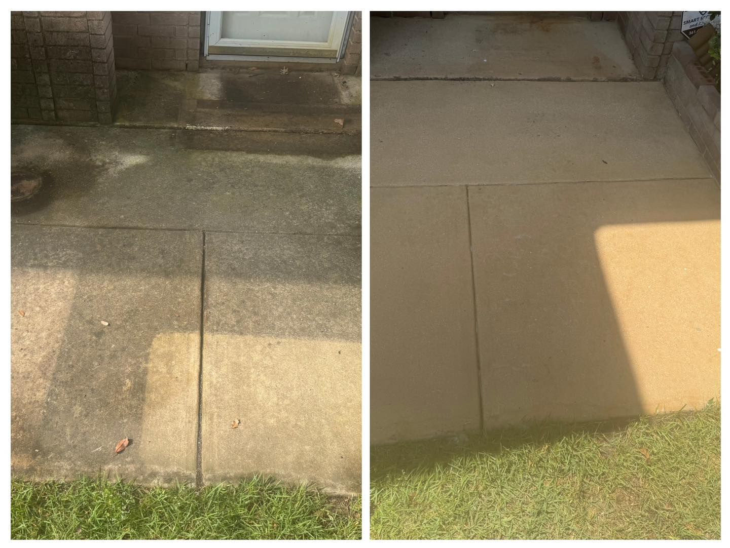 A split-screen comparison showing a dirty concrete patio before and after professional power washing.