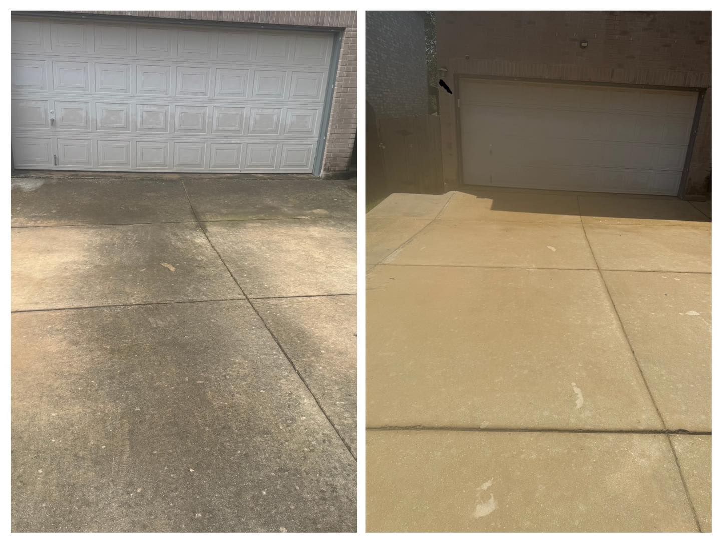 Before and after comparison of a concrete driveway showing significant cleaning results after pressure washing.