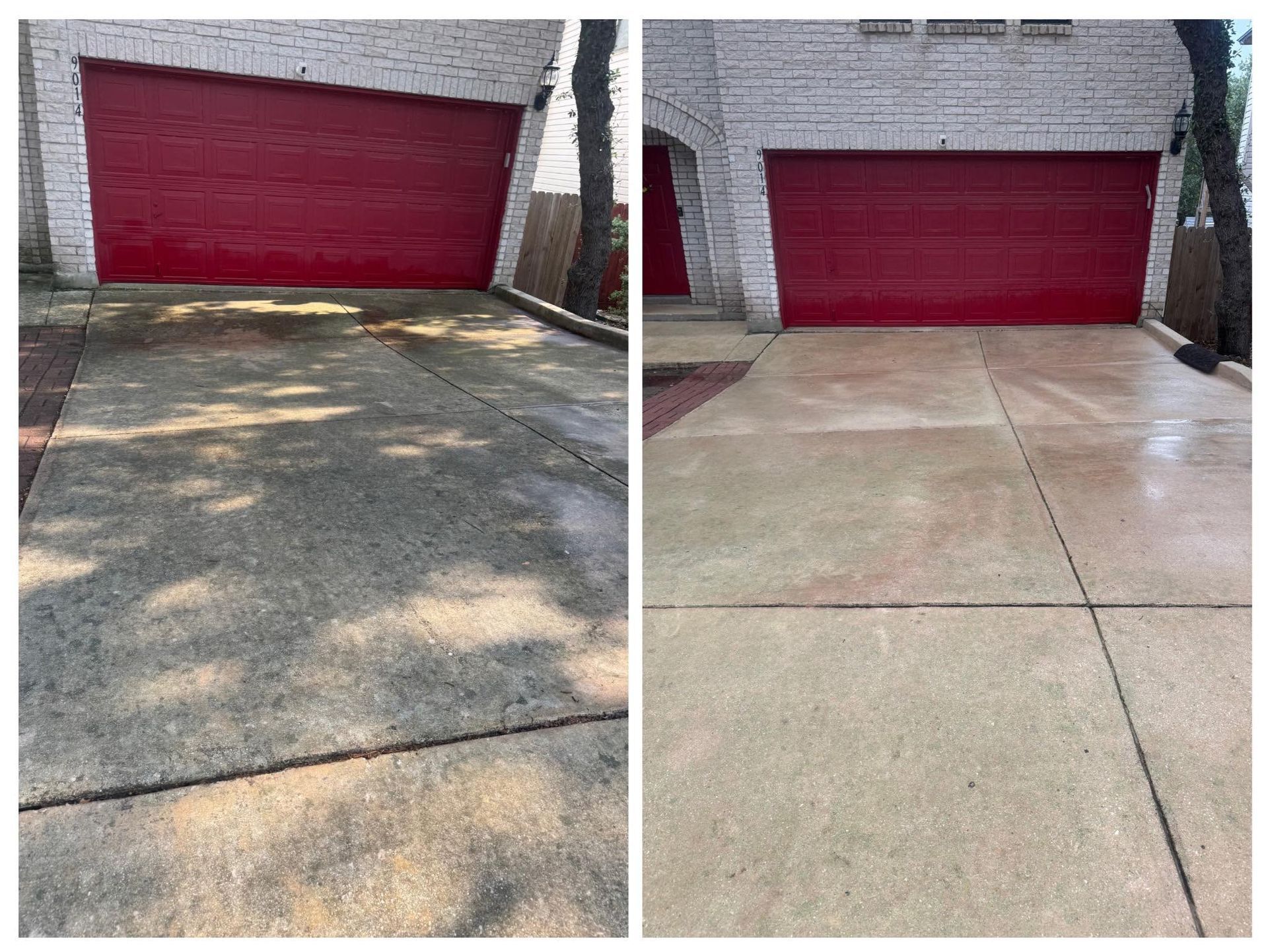 Before and after comparison of a concrete driveway being cleaned, showing a dirty surface transformed to a clean one.