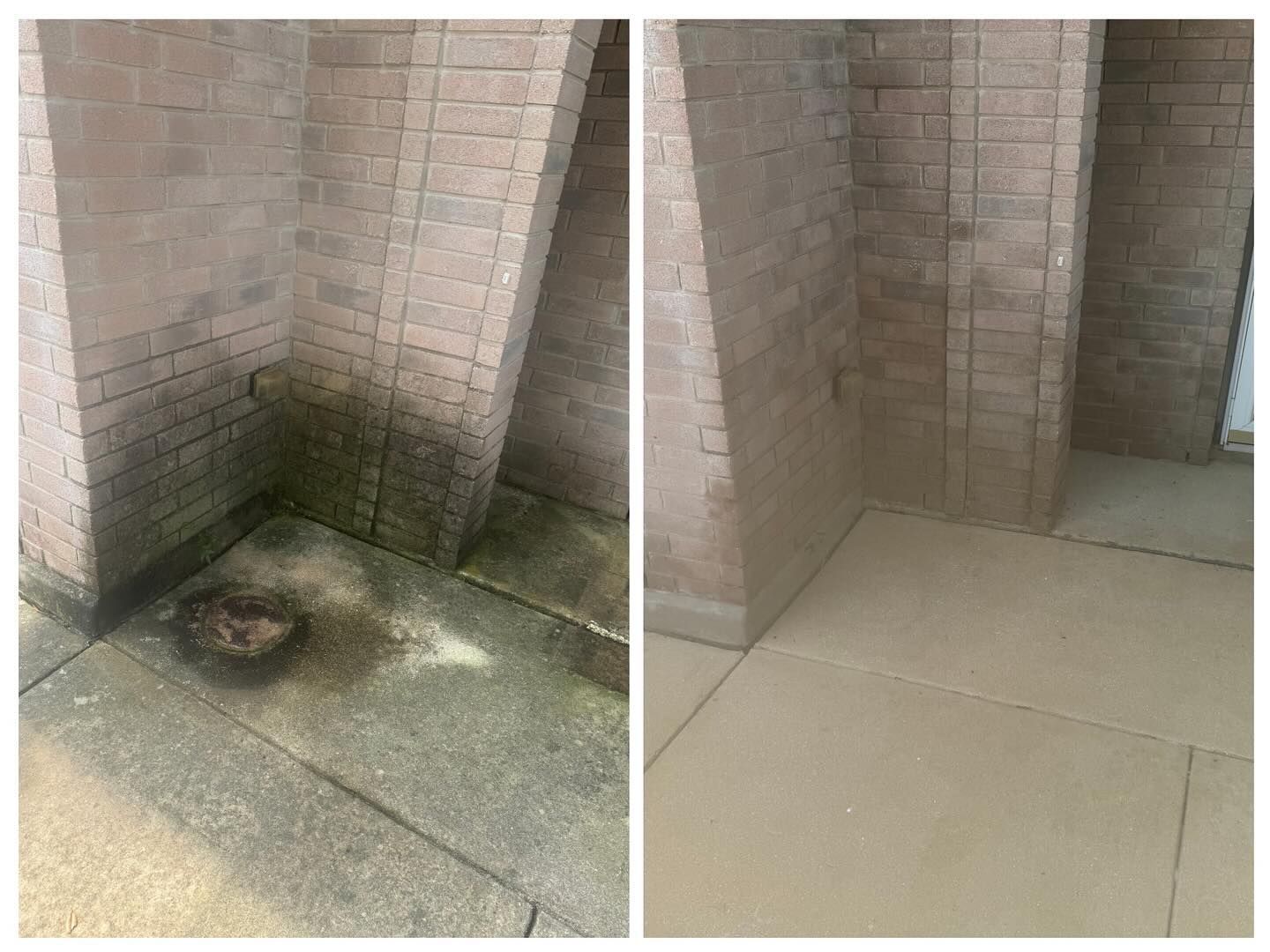 Before and after comparison of a brick wall corner and concrete floor showing the results of professional cleaning.