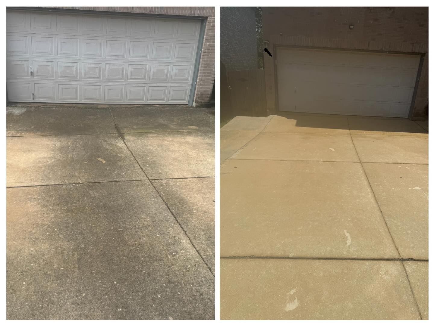 Before and after comparison of a concrete driveway showing significant cleaning results.