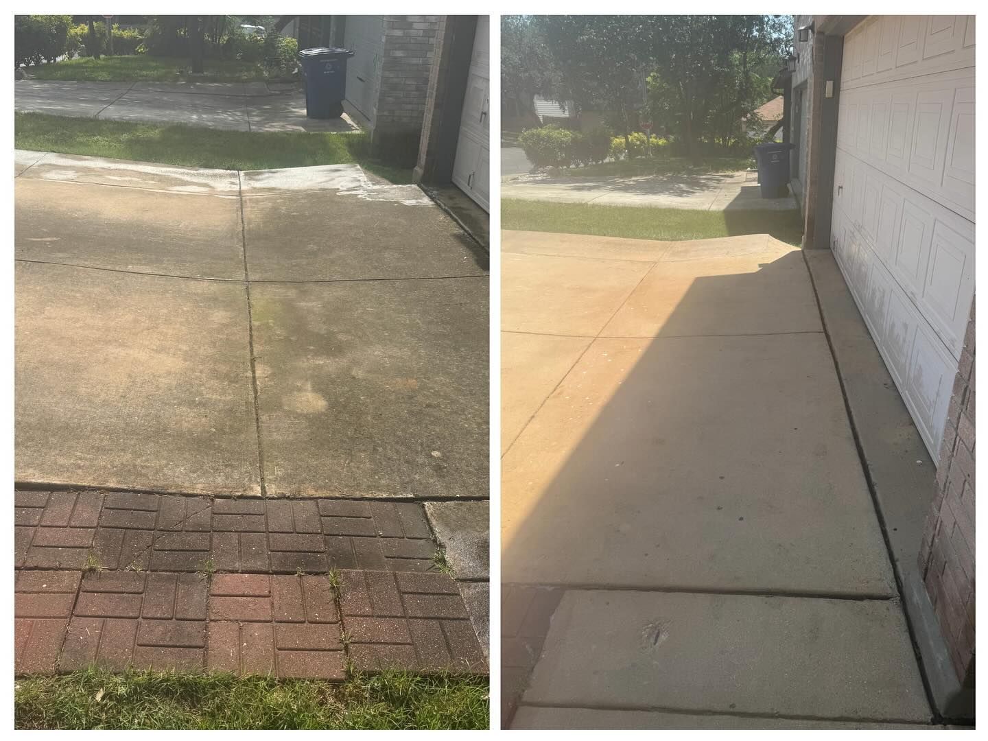 A side-by-side comparison of a dirty concrete driveway and brick walkway before and after being pressure washed.