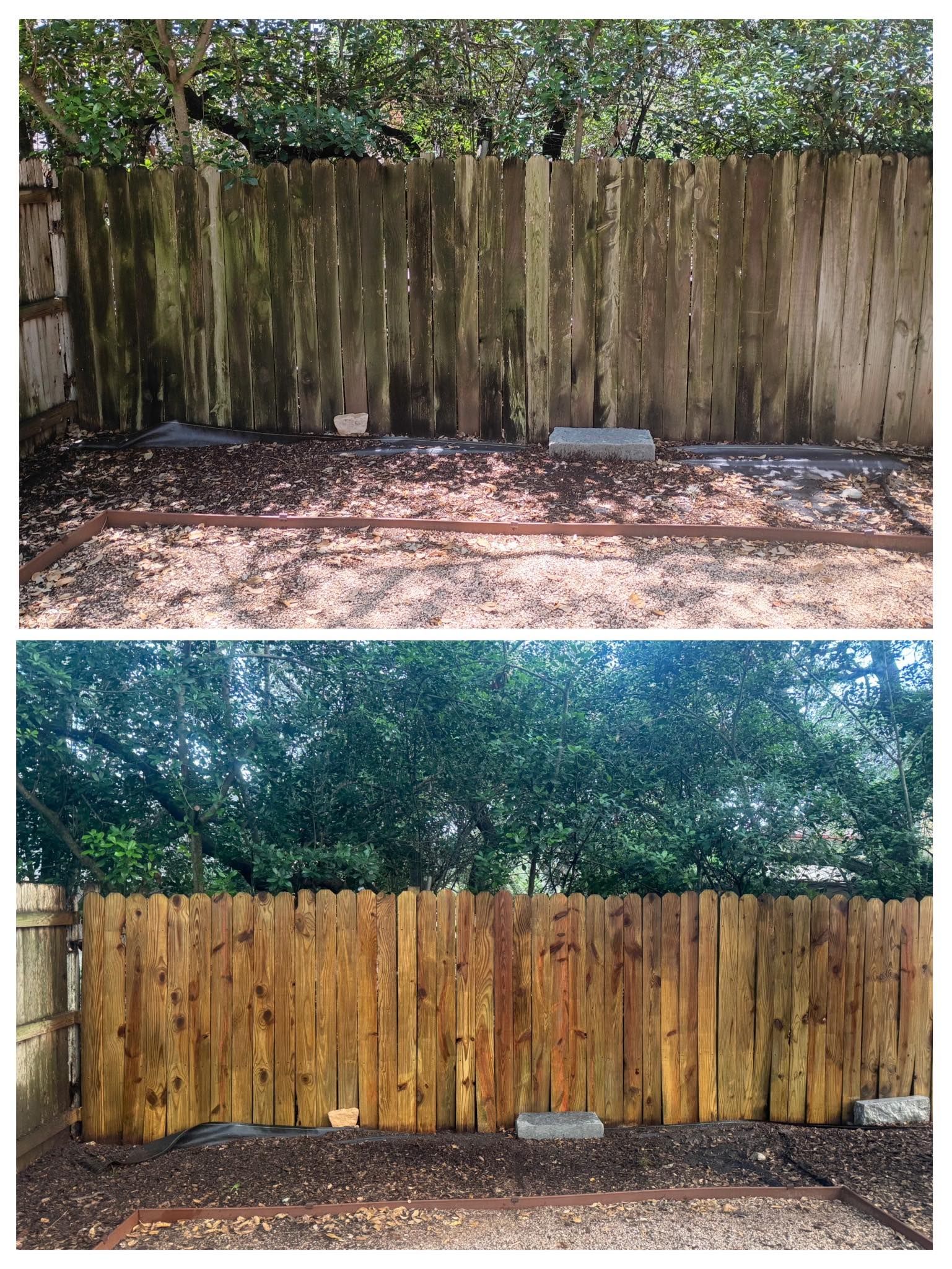 A split-screen comparison showing a weathered, moss-covered wooden fence before and after a thorough pressure cleaning.