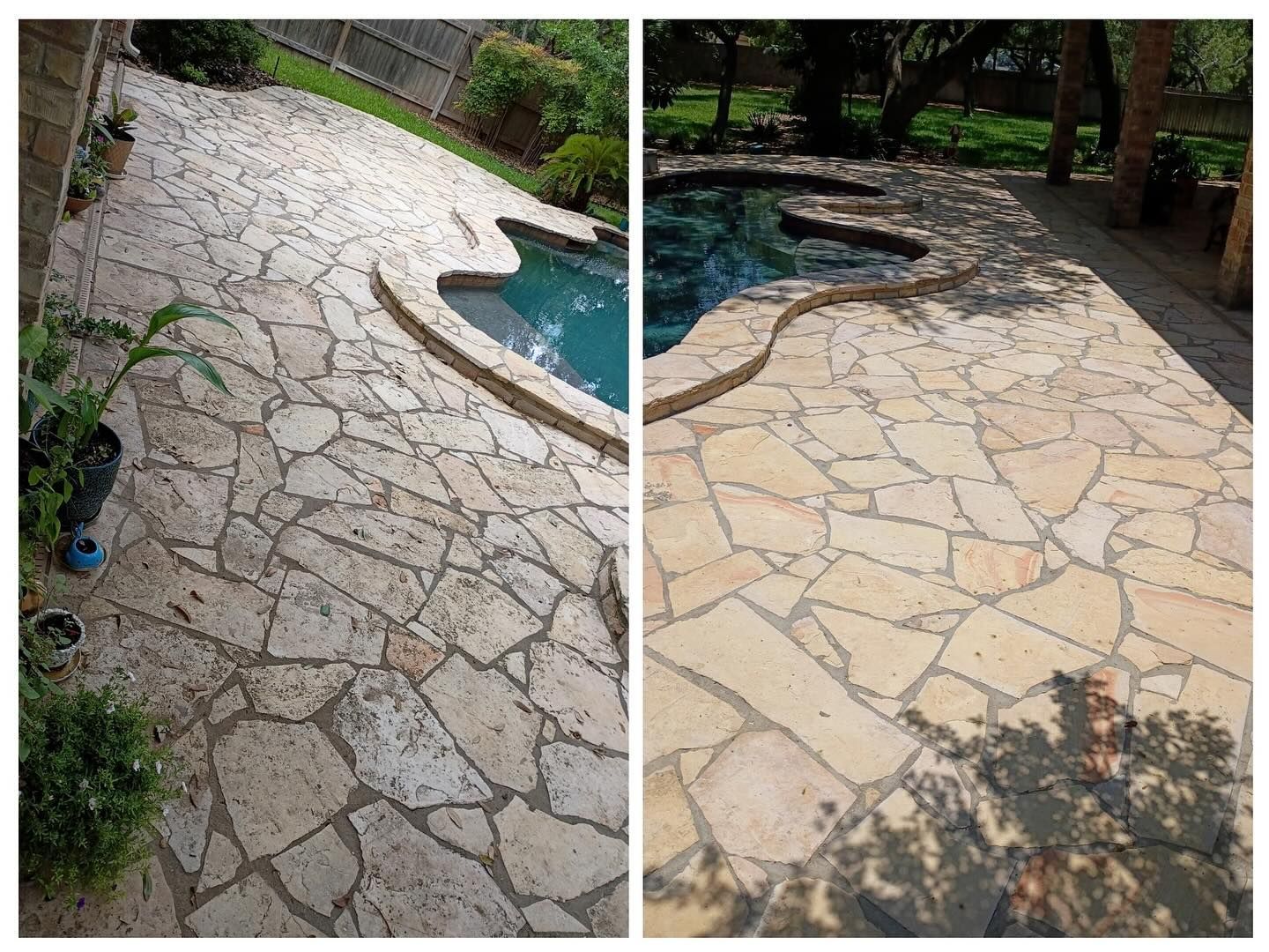 Before and after comparison of a stone patio pool deck showing significant cleaning and brightening results.