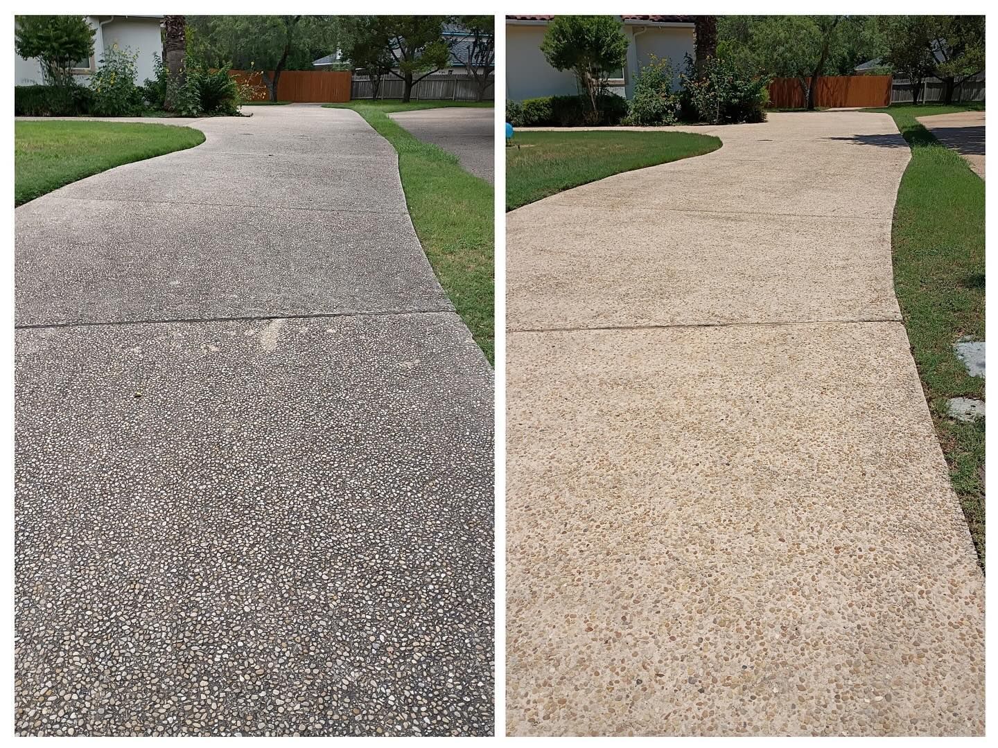 A side-by-side comparison of a driveway showing a dark, stained surface before cleaning and a bright, clean surface after.