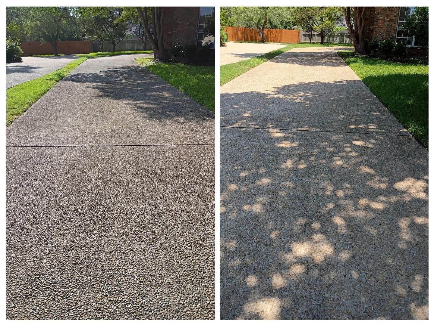 A side-by-side comparison of a concrete driveway before and after pressure washing.