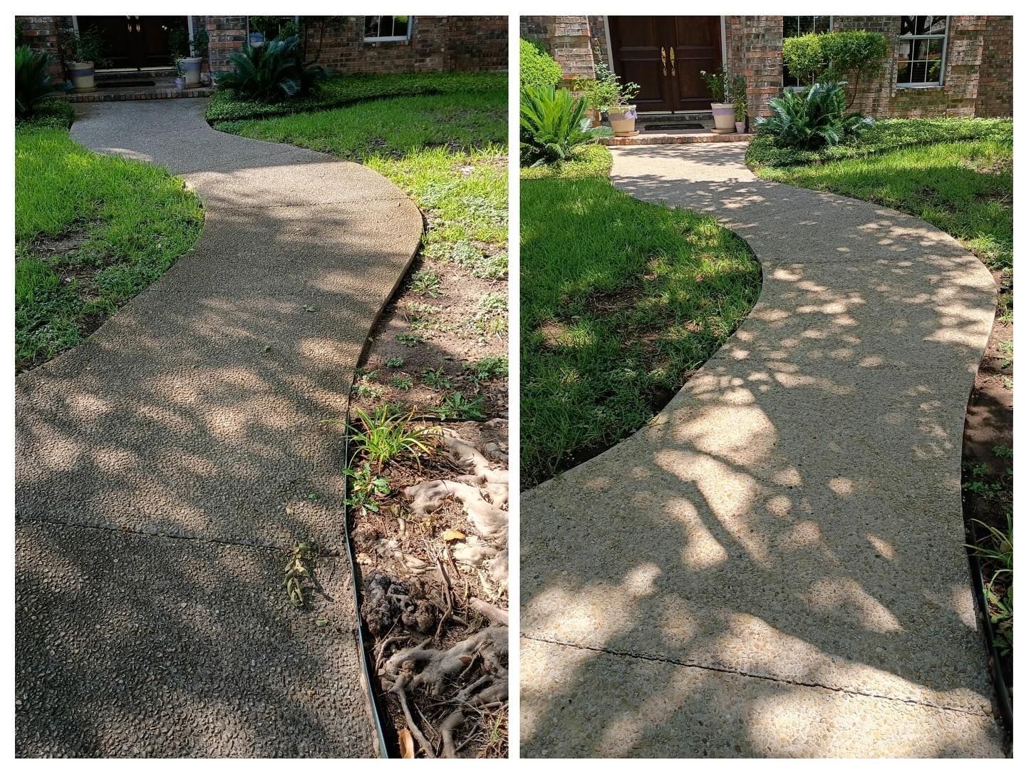 Before-and-after comparison of a concrete walkway path with encroaching vegetation cleared and edged.
