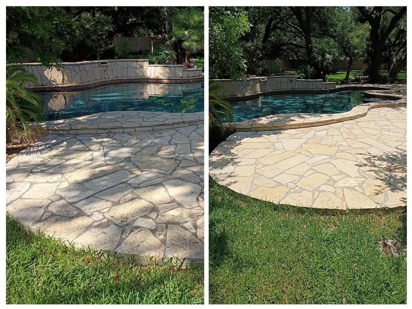 Before and after shot of a stone patio by a pool, showing a significant improvement in cleanliness after power washing.