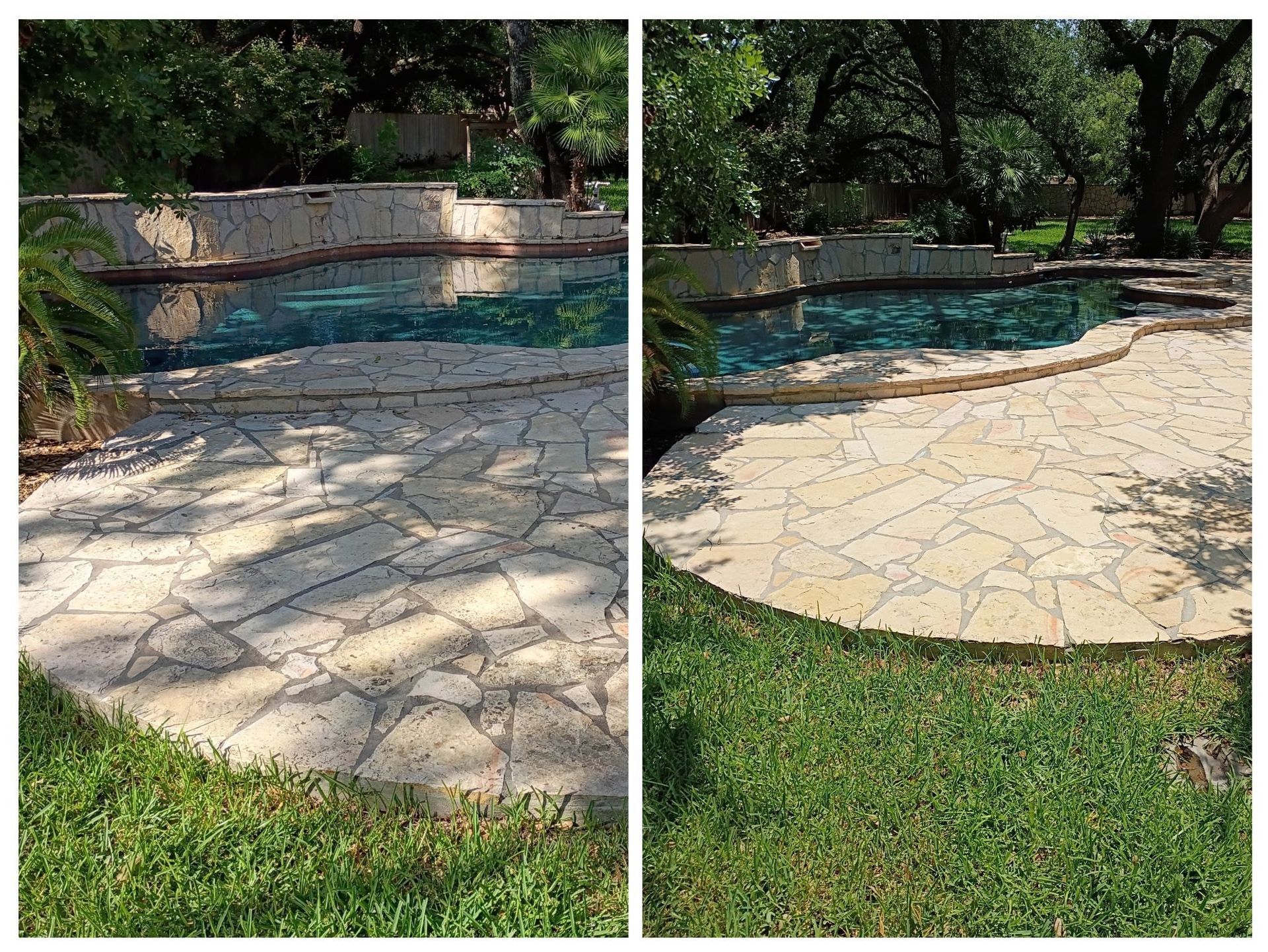 Before-and-after comparison showing a flagstone pool deck cleaned of grime and debris to restore its original appearance.
