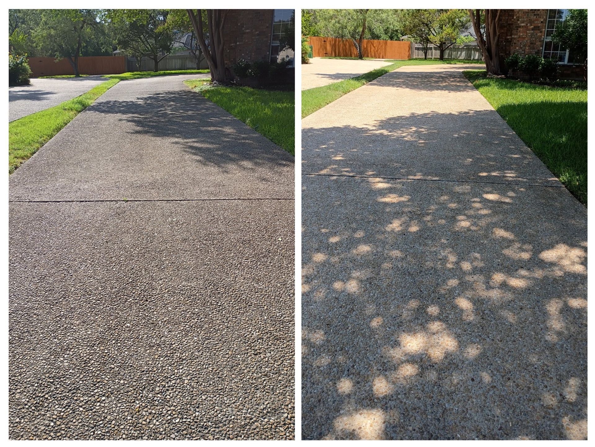 Before and after photos of a residential driveway, showing a cleaner, lighter surface after pressure washing.