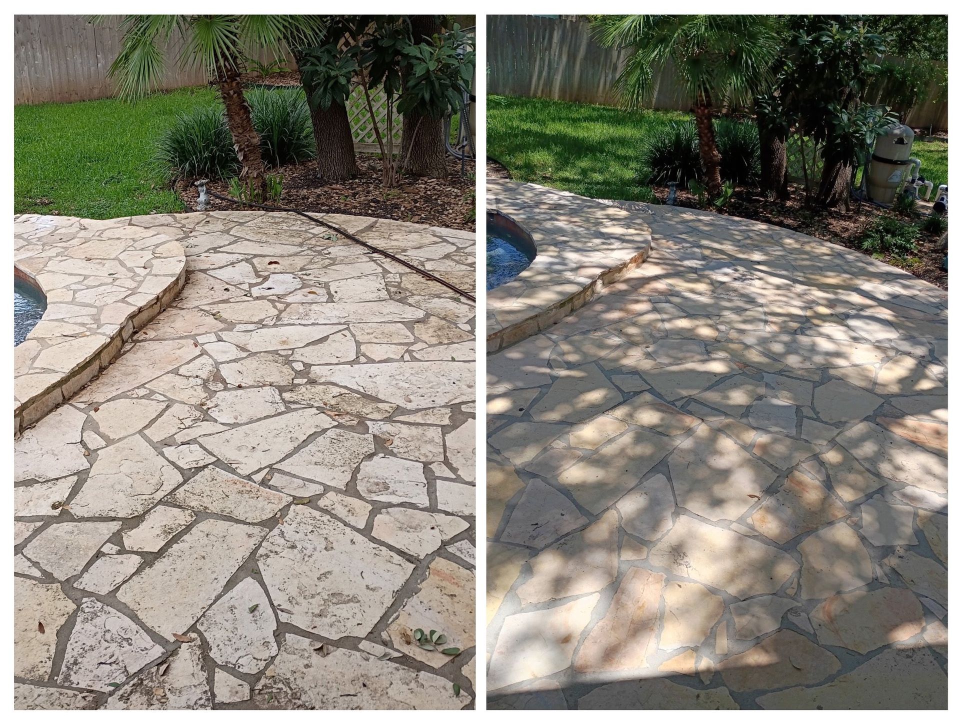 Before-and-after comparison of a tan stone pool deck, showing a dirty surface cleaned of debris and darkened stains.